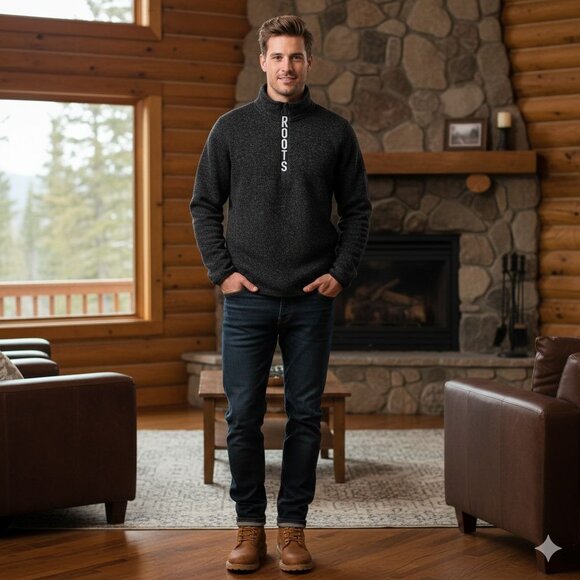 Roots Logo 1/2 Zip Mockneck Pullover Fleece Unisex Size L - Picture 5 of 10